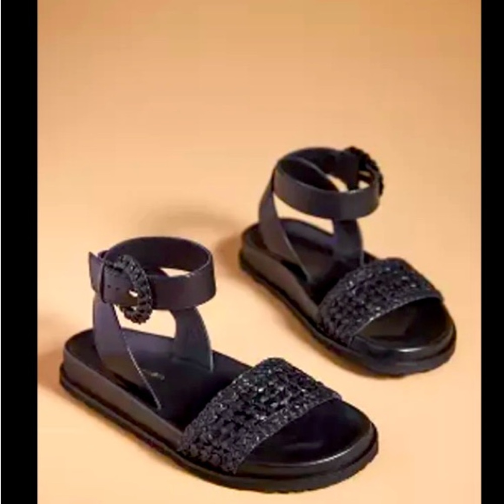 Anthropologie Woven Mule Sandals Womens 38 Strap Strappy Buckle Black Leather